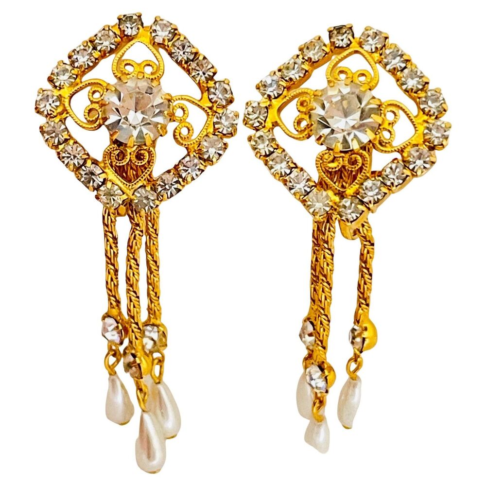 Vintage gold tone rhinestone dangle pearls designer clip on earrings